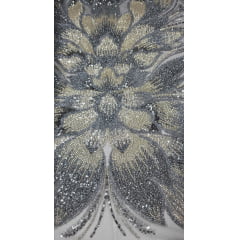 Tule Bordado com Pedrarias Premium Tons de Cinza com Champagne HT70523