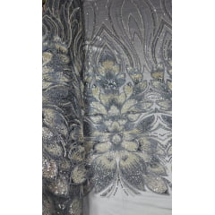 Tule Bordado com Pedrarias Premium Tons de Cinza com Champagne HT70523
