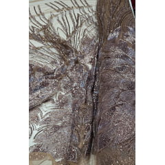 Tule Bordado com Pedrarias Premium Tons de Marrom HT70523