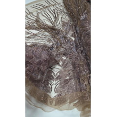 Tule Bordado com Pedrarias Premium Tons de Marrom HT70523