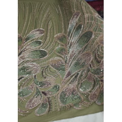 Tule Bordado com Pedrarias Premium Tons de Verde com Rosê Gold HT70519