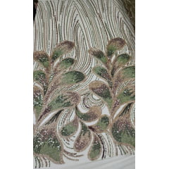 Tule Bordado com Pedrarias Premium Tons de Verde com Rosê Gold HT70519