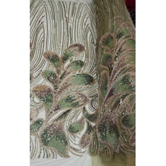 Tule Bordado com Pedrarias Premium Tons de Verde com Rosê Gold HT70519