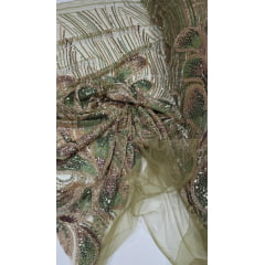 Tule Bordado com Pedrarias Premium Tons de Verde com Rosê Gold HT70519