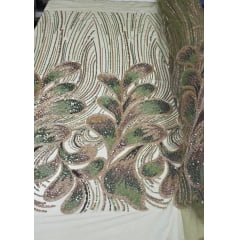 Tule Bordado com Pedrarias Premium Tons de Verde com Rosê Gold HT70519 Tule Bordado com Pedrarias Premium Tons de Verde com Rosê Gold HT70519