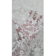Tule Bordado com Pedrarias Premium Turquia Branco Modelo 21