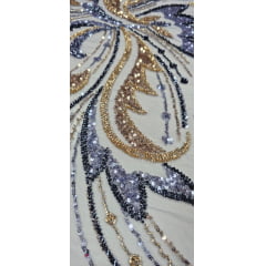 Tule Bordado com Pedrarias Premium Veneza Azul Jeans com Dourado Multicolor