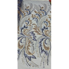 Tule Bordado com Pedrarias Premium Veneza Azul Jeans com Dourado Multicolor