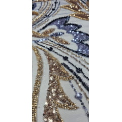 Tule Bordado com Pedrarias Premium Veneza Azul Jeans com Dourado Multicolor