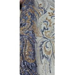 Tule Bordado com Pedrarias Premium Veneza Azul Jeans com Dourado Multicolor