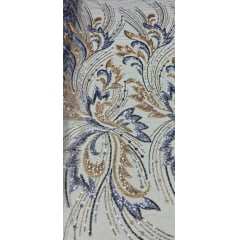 Tule Bordado com Pedrarias Premium Veneza Azul Jeans com Dourado Multicolor