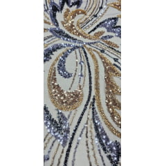 Tule Bordado com Pedrarias Premium Veneza Azul Jeans com Dourado Multicolor