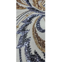 Tule Bordado com Pedrarias Premium Veneza Azul Jeans com Dourado Multicolor