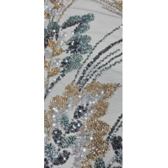 Tule Bordado com Pedrarias Premium Veneza Cinza Chumbo Multicolor