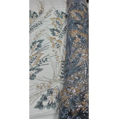 Tule Bordado com Pedrarias Premium Veneza Cinza Chumbo Multicolor