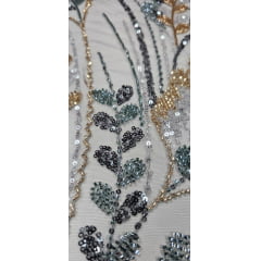 Tule Bordado com Pedrarias Premium Veneza Cinza Chumbo Multicolor