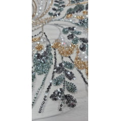 Tule Bordado com Pedrarias Premium Veneza Cinza Chumbo Multicolor