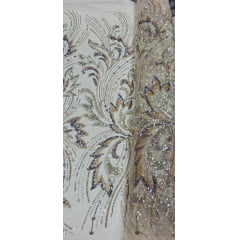 Tule Bordado com Pedrarias Premium Veneza Dourado Multicolor