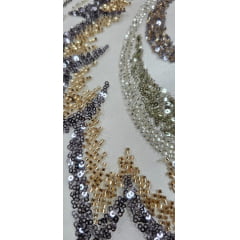Tule Bordado com Pedrarias Premium Veneza Dourado Multicolor