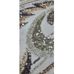 Tule Bordado com Pedrarias Premium Veneza Dourado Multicolor