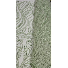 Tule Bordado com Pedrarias Premium Verde Cana Modelo HS1042  