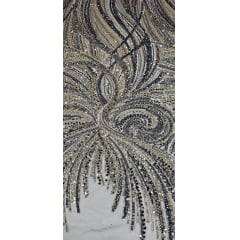 Tule Bordado com Pedrarias Premium Verde com Dourado Multicolor HT97797