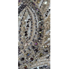 Tule Bordado com Pedrarias Premium Verde com Dourado Multicolor HT97797