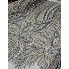 Tule Bordado com Pedrarias Premium Verde com Dourado Multicolor HT97797