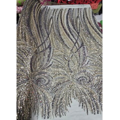 Tule Bordado com Pedrarias Premium Verde com Dourado Multicolor HT97797