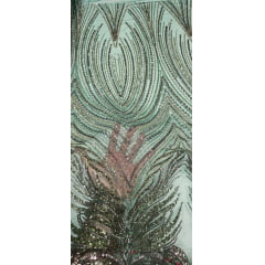 Tule Bordado com Pedrarias Premium Verde com Marrom Multicolor HT70580