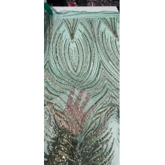 Tule Bordado com Pedrarias Premium Verde com Marrom Multicolor HT70580