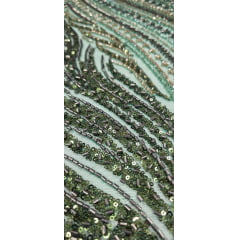 Tule Bordado com Pedrarias Premium Verde com Marrom Multicolor HT70580