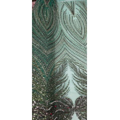 Tule Bordado com Pedrarias Premium Verde com Marrom Multicolor HT70580