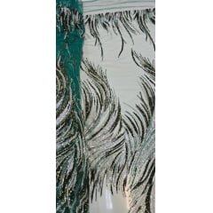 Tule Bordado com Pedrarias Premium Verde com Prata  HT70575  