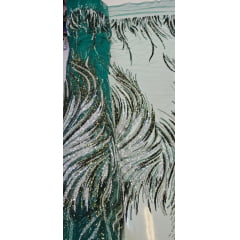 Tule Bordado com Pedrarias Premium Verde com Prata  HT70575  