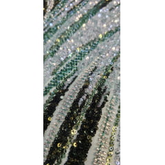 Tule Bordado com Pedrarias Premium Verde com Prata  HT70575  