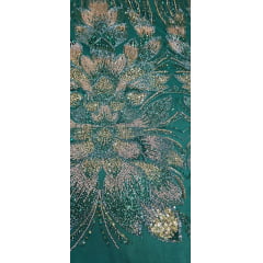 Tule Bordado com Pedrarias Premium Verde Esmeralda com Rosê Gold  HT70523 