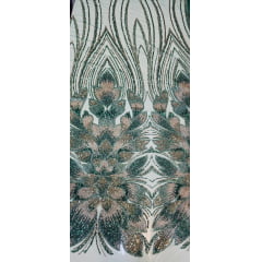 Tule Bordado com Pedrarias Premium Verde Esmeralda com Rosê Gold  HT70523 