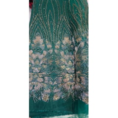 Tule Bordado com Pedrarias Premium Verde Esmeralda com Rosê Gold  HT70523 