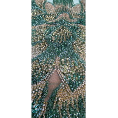 Tule Bordado com Pedrarias Premium Verde Esmeralda com Rosê Gold  HT70523 