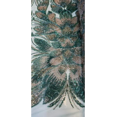 Tule Bordado com Pedrarias Premium Verde Esmeralda com Rosê Gold  HT70523 