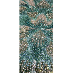 Tule Bordado com Pedrarias Premium Verde Esmeralda com Rosê Gold  HT70523 