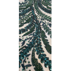 Tule Bordado com Pedrarias Premium Verde Esmeralda HS1549  