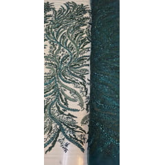 Tule Bordado com Pedrarias Premium Verde Esmeralda HS1549  