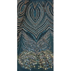 Tule Bordado com Pedrarias Premium Verde Esmeralda Multicolor HT70580