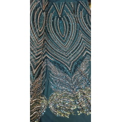 Tule Bordado com Pedrarias Premium Verde Esmeralda Multicolor HT70580