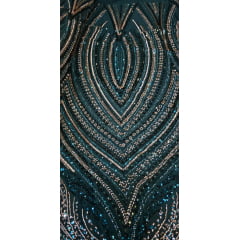 Tule Bordado com Pedrarias Premium Verde Esmeralda Multicolor HT70580