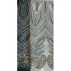 Tule Bordado com Pedrarias Premium Verde Esmeralda Multicolor HT70580