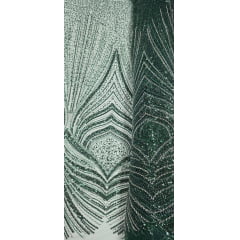 Tule Bordado com Pedrarias Premium Verde Floresta com Prata Modelo 942 Tule Bordado com Pedrarias Premium Verde Floresta com Prata Modelo 942