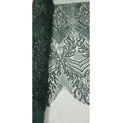 Tule Bordado com Pedrarias Premium Verde Floresta  HS2793 